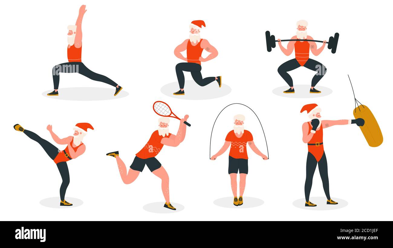 Santa en sport sain d'activité illustration de vecteur. Dessin animé plat actif barbu Père Noël porter chapeau rouge et athlète sportif costume faisant du sport ou Illustration de Vecteur