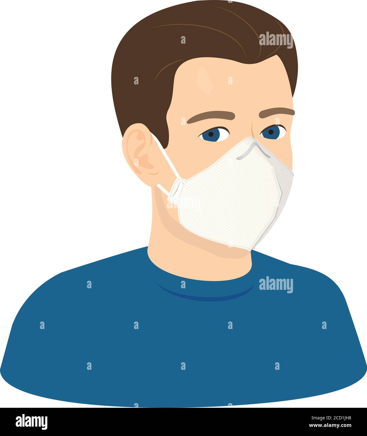 Jeune homme blanc européen portant un masque contre le virus corona covid 19 homme blanc en respirateur, trois quarts de portrait Illustration de Vecteur