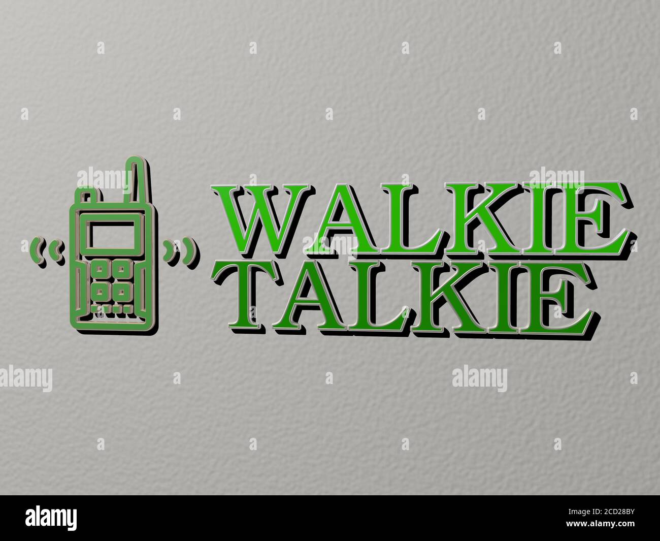 Icône talkie-walkie et texte sur le mur, illustration 3D Banque D'Images