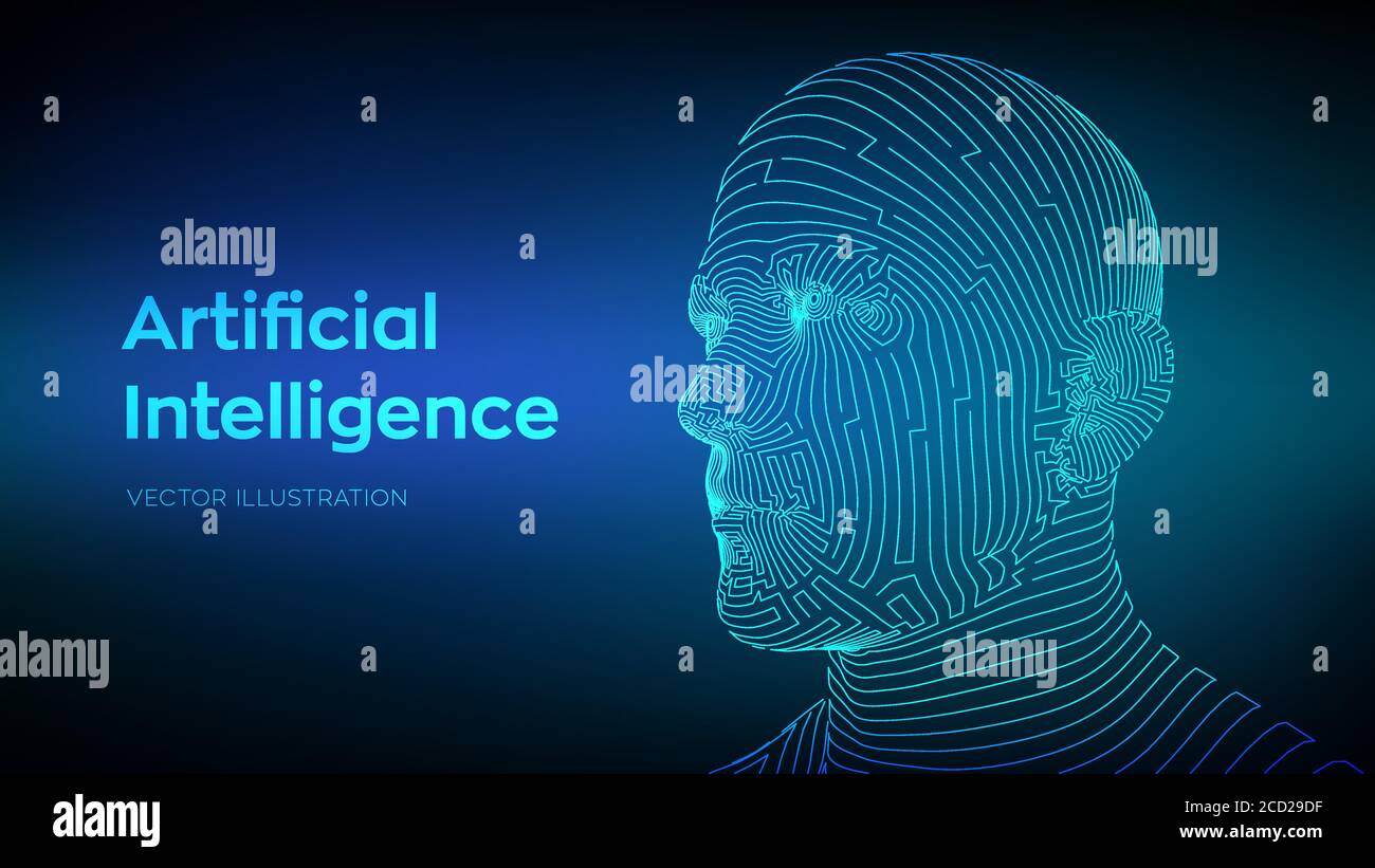 AI. Concept d'intelligence artificielle. Cerveau numérique ai. Visage humain numérique abstrait. La tête humaine dans l'interprétation de l'ordinateur numérique de robot. Robotique Illustration de Vecteur