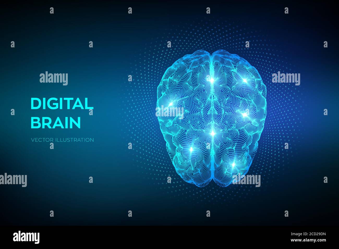 Cerveau. Cerveau numérique avec code binaire. Concept de science et de technologie 3D. Réseau neuronal. Test IQ, émulation virtuelle de l'intelligence artificielle Illustration de Vecteur