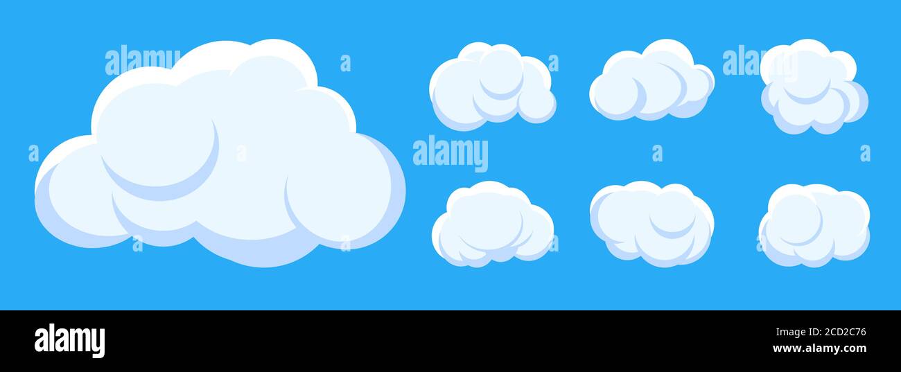 Style de dessin animé nuage blanc sur fond bleu ciel. Icône de nuages de symbole météo graphique pour le texte, service Web de conception. Modèle autocollant de forme différente bulles d'air amusant illustration vectorielle isolée Illustration de Vecteur