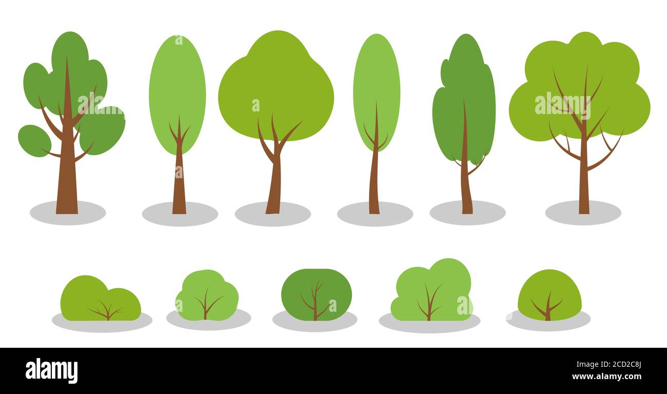 Ensemble de dessins animés de printemps vert plat arbres buissons icônes. Panneau de plante écologique simple de forme différente. Saison d'été forêt, parc, jardin chêne, bouleau, sapin, symbole. Isolé sur une illustration vectorielle blanche Illustration de Vecteur