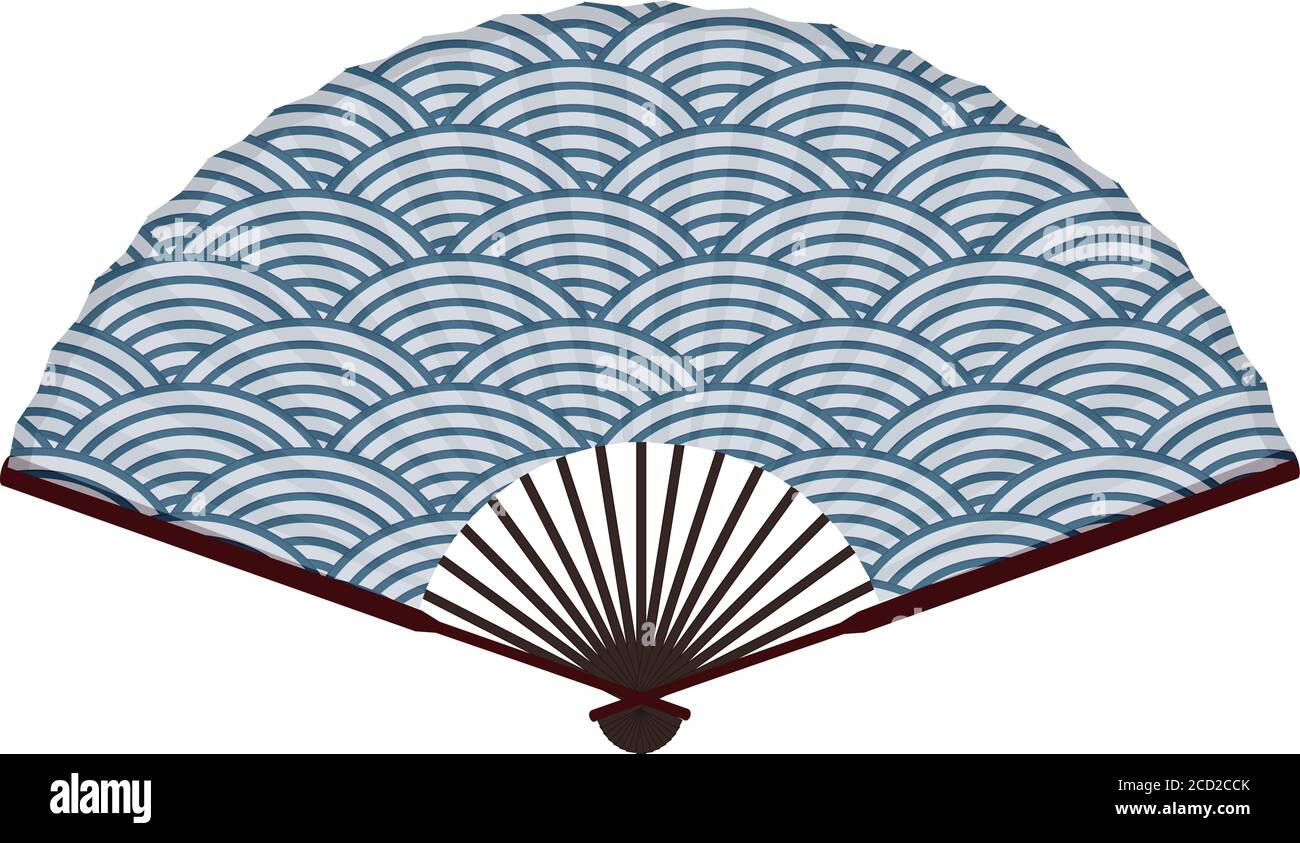Ancien ventilateur japonais traditionnel avec motif de vagues de la mer japonaise Illustration de Vecteur