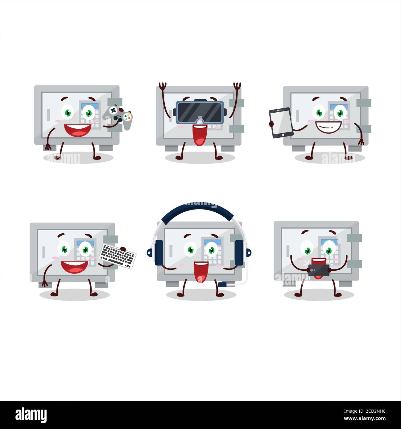 Le personnage de dessin animé de coffre-fort numérique joue à des jeux avec divers émoticônes mignons Illustration de Vecteur