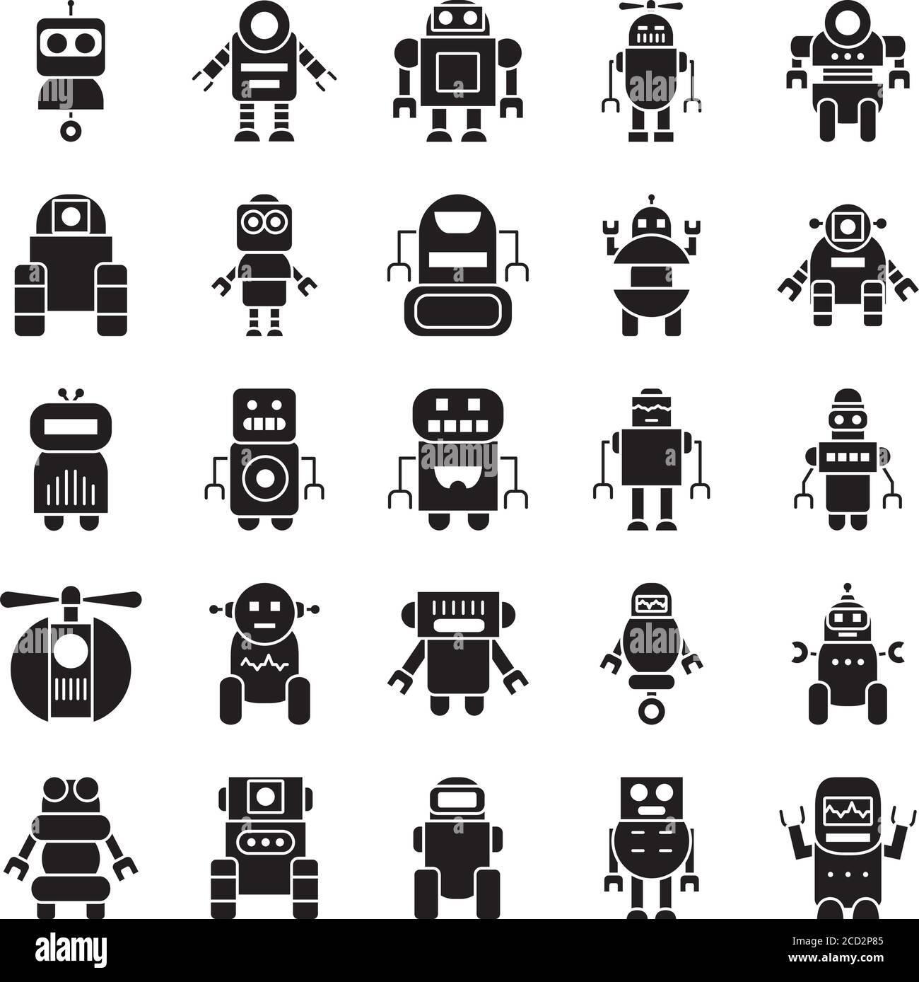 robots cartoon et icône robotique sur fond blanc, style de silhouette, illustration vectorielle Illustration de Vecteur