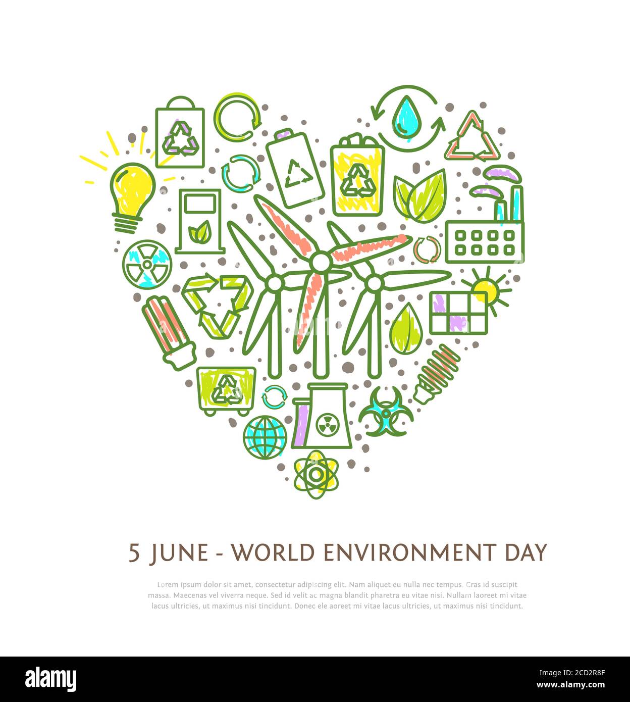 Élément en forme de coeur fabriqué à partir d'icônes et de signes écologiques avec des traits de repère, des symboles écologiques colorés. Illustration vectorielle Illustration de Vecteur