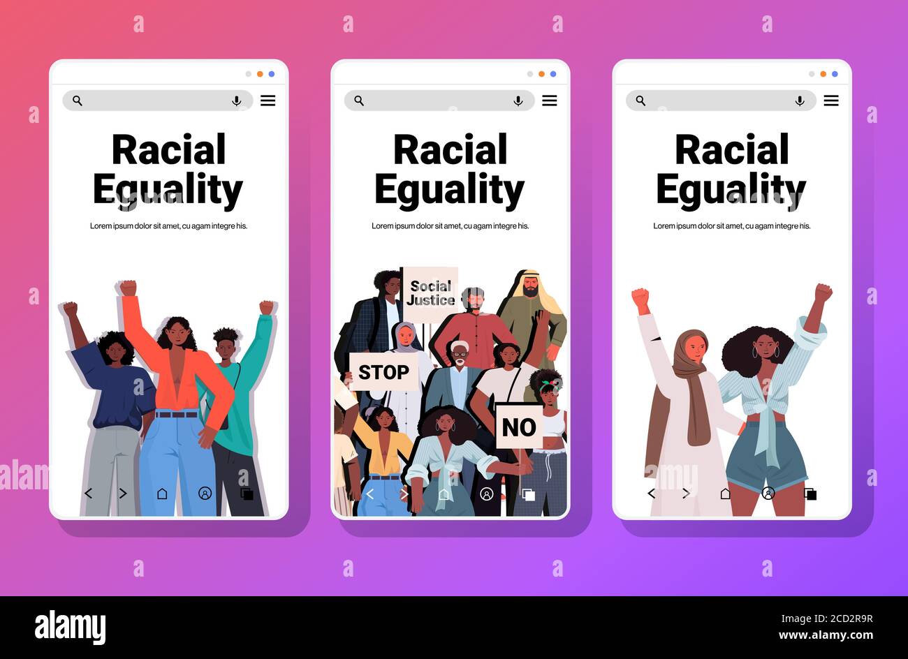 mettre les militants du peuple afro-américain en position de main levée et de race égalité justice sociale arrêter la discrimination concept smartphone écrans copie de collection illustration vectorielle portrait d'espace Illustration de Vecteur