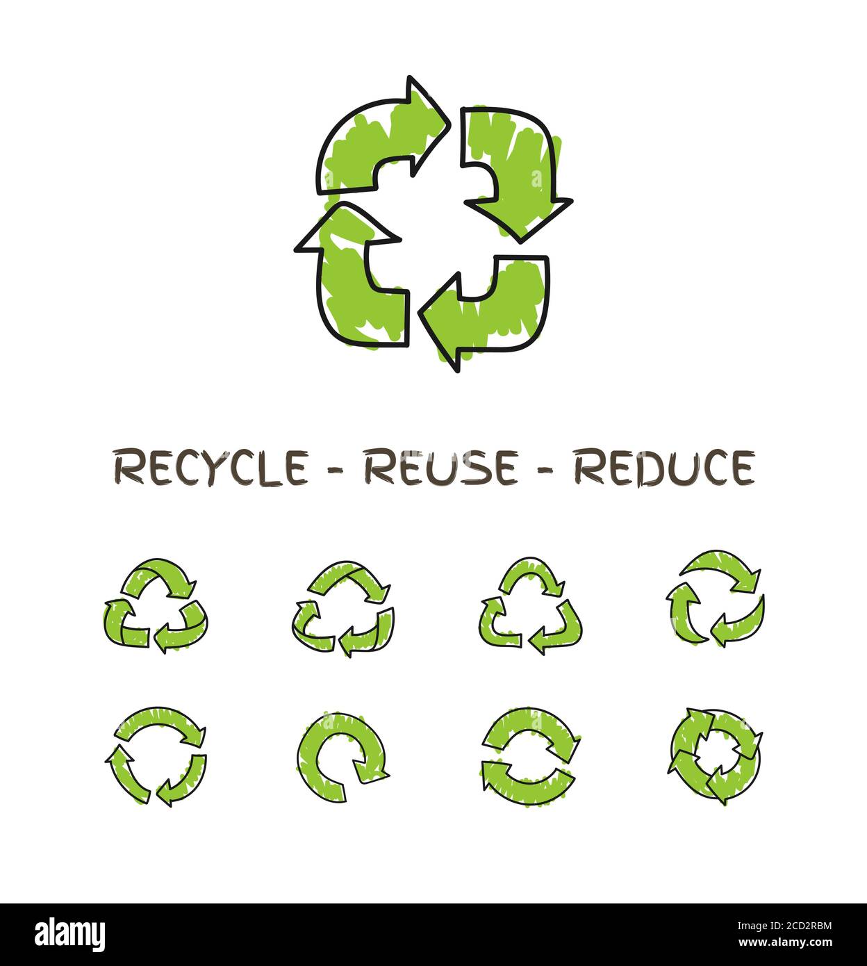 Des flèches circulaires dessinées à la main, des icônes de recyclage vectorielles isolées sur du blanc. Différents symboles de recyclage , recyclage des affiches Illustration de Vecteur