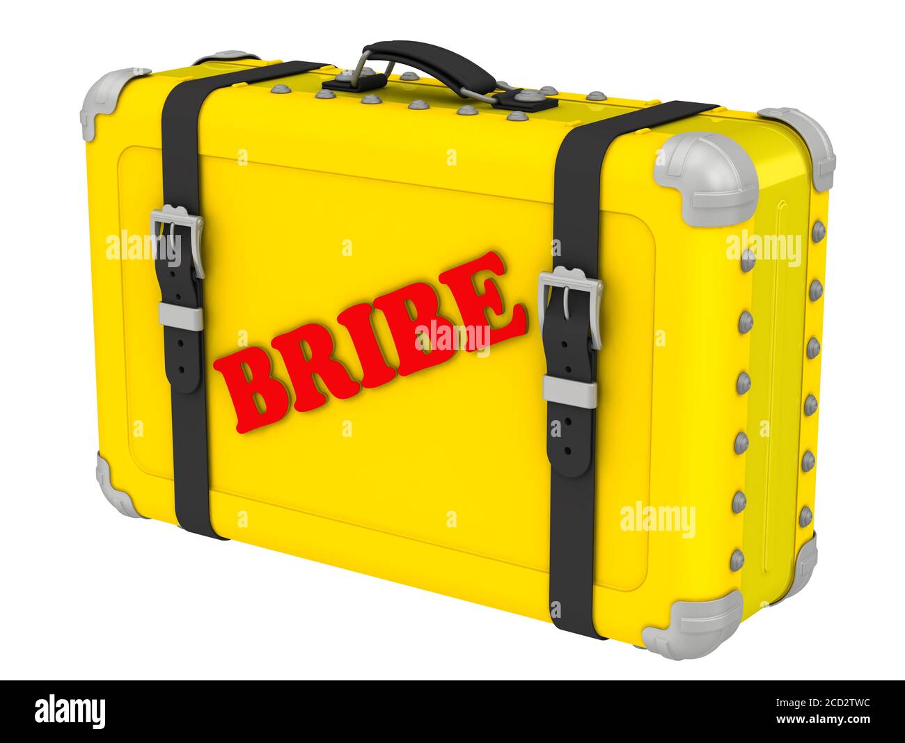 Le pot-de-vin. L'inscription sur une valise jaune. Valise jaune avec mot ROUGE POT-DE-VIN. Isolé. Illustration 3D Banque D'Images