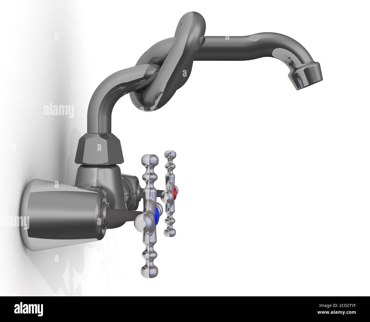 Robinet d'eau noué sur un mur blanc. Illustration 3D Banque D'Images