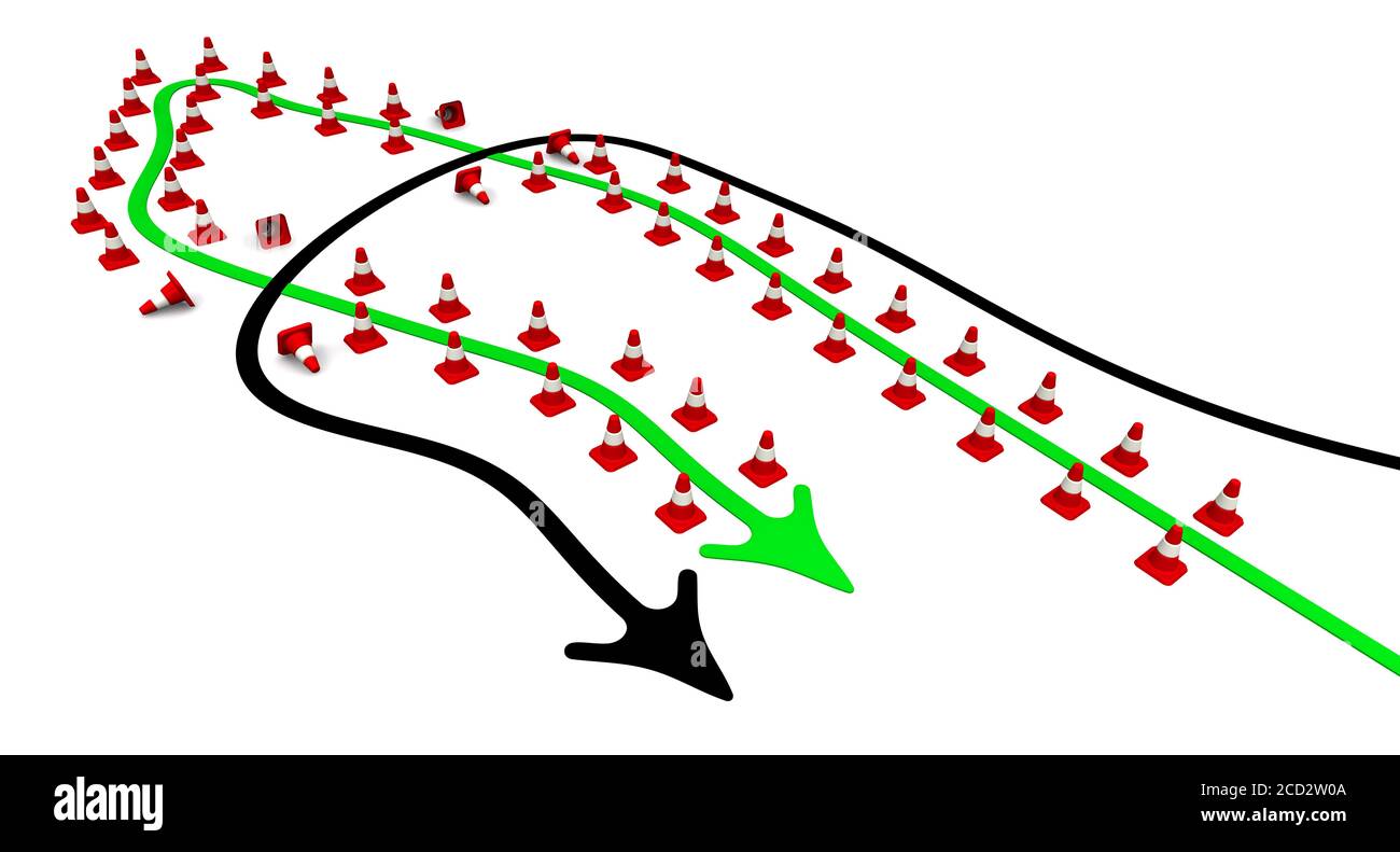 Mouvement par les règles et sans règles. La trajectoire du mouvement est limitée par des cônes de route pour la flèche verte mais pas pour la flèche noire Banque D'Images