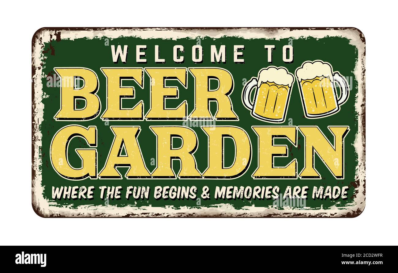 Affiche en métal rouillé vintage de Beer Garden sur fond blanc, illustration vectorielle Illustration de Vecteur