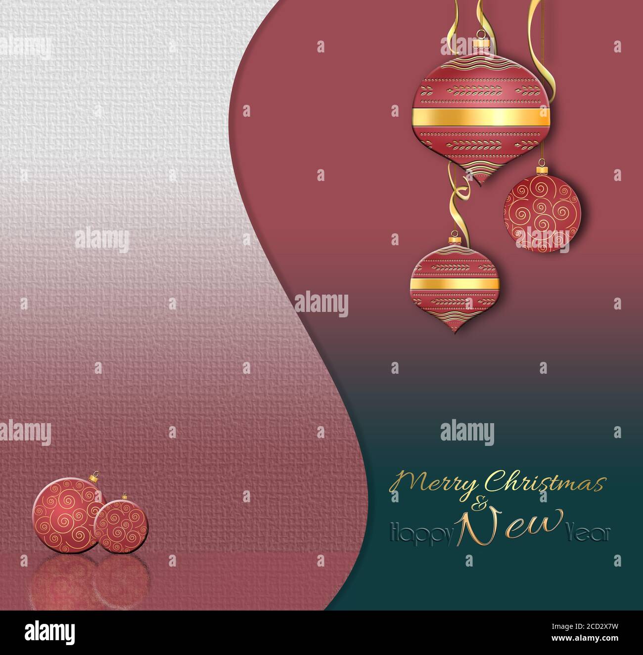 Noël de luxe et 2021 boules du nouvel an fond dans le style chinois. Boules rouges suspendues avec décor or sur fond rose noir rouge. Texte Bonne Année. Illustration 3D Banque D'Images