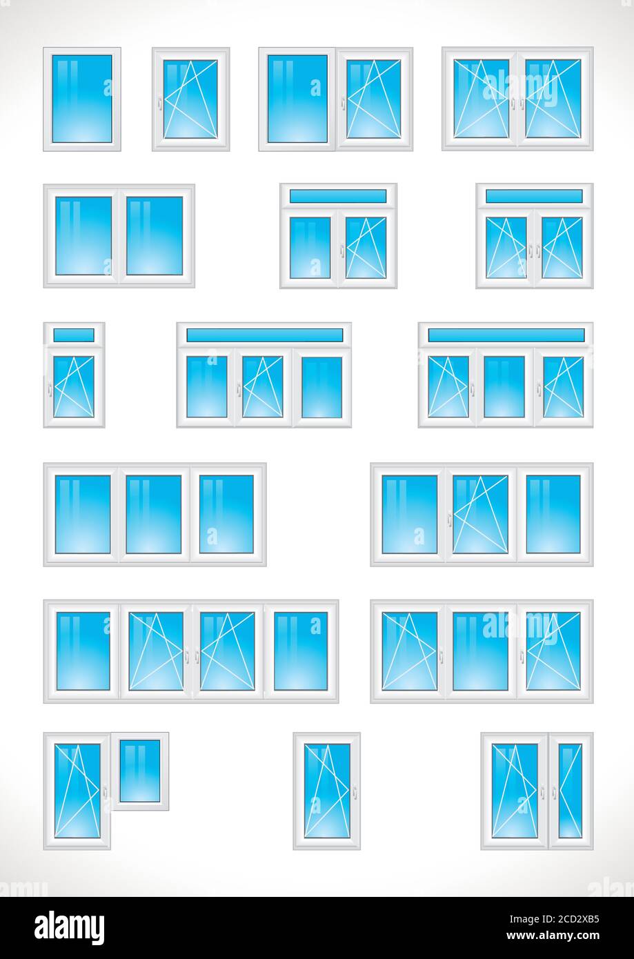 Liste des logos de fenêtres et de portes vitrées. Ensemble d'icônes vectorielles de fenêtres en plastique pour l'industrie du bâtiment, l'installation, les symboles avec systèmes ouverts et fermé Illustration de Vecteur
