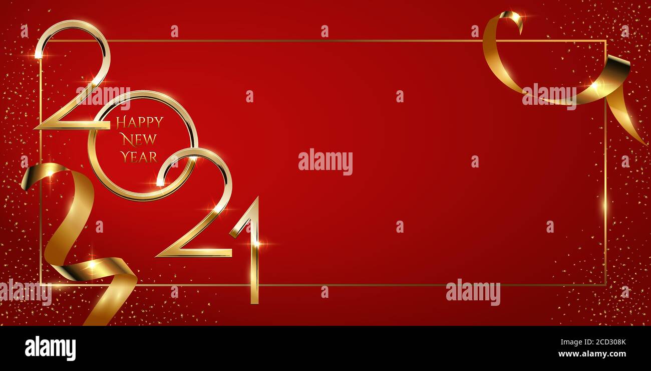 Modèle de vecteur de carte de vœux de bonne année. Bannière de Noël sur les réseaux sociaux avec Félicitations. Nombre Golden 2021 dans le cadre avec Illustration de Vecteur
