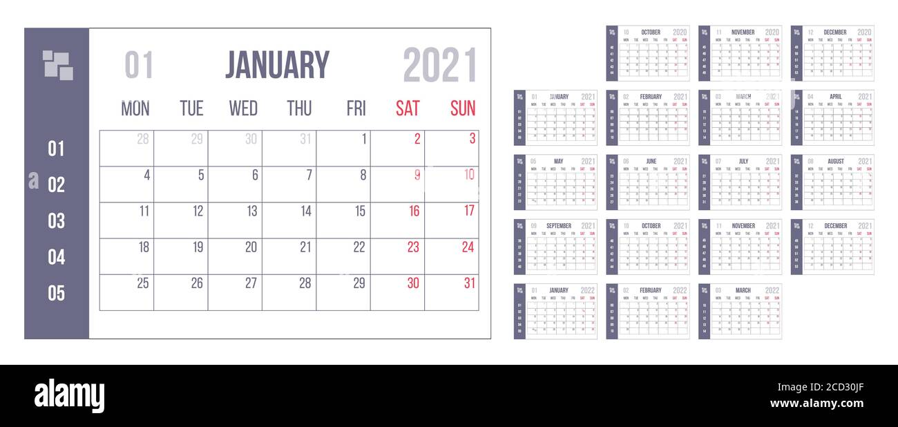 calendrier bleu de 2021 ans. Mise en page du compte à rebours du mois. Jour, semaine. Date et calendrier. Modèle de version imprimable conception simple. Entreprises et entreprises Illustration de Vecteur