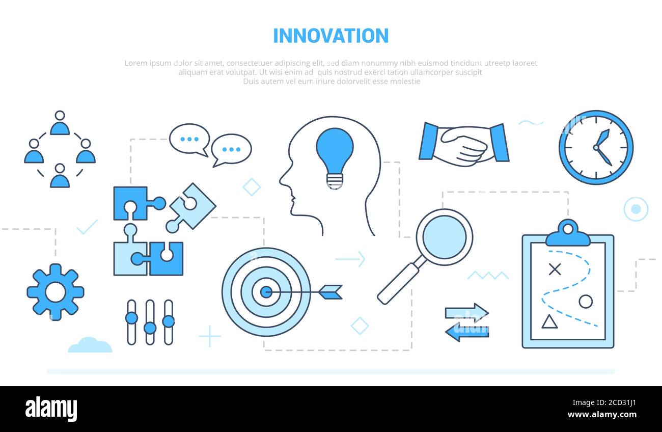 concept d'innovation avec l'équipe brainstorming idée invention campagne pour le site web bannière de la page d'accueil du modèle de page d'accueil avec style d'icône de contour Illustration de Vecteur