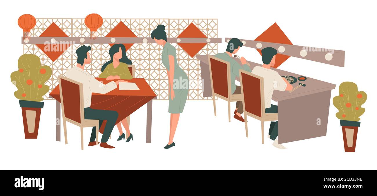 Restaurant chinois, les gens mangent au restaurant ou au café Illustration de Vecteur