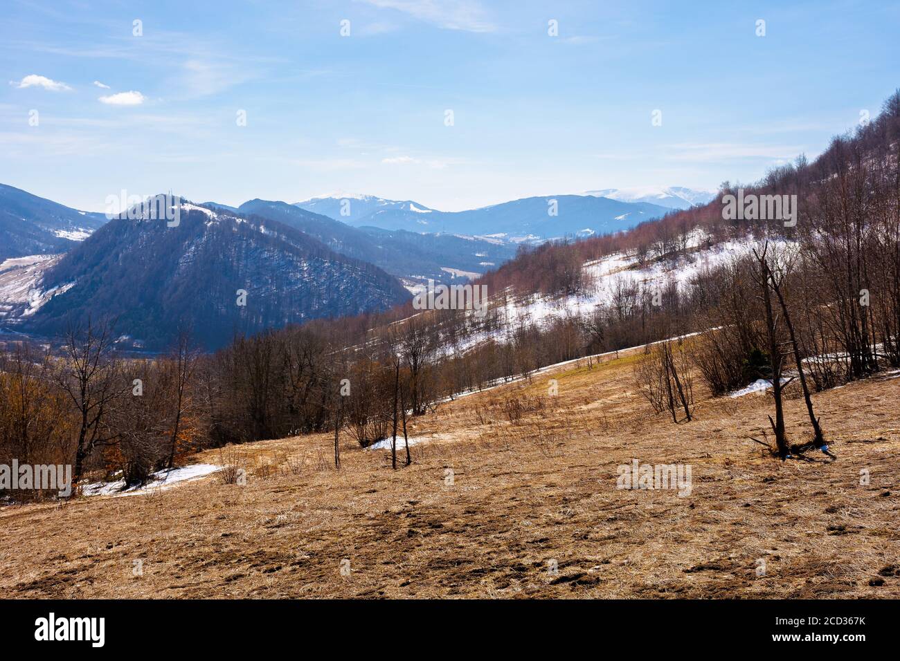 campagne montagneuse au début du printemps. herbe sèche et arbres sans feuilles sur la colline. neige dans la vallée et la crête éloignées Banque D'Images