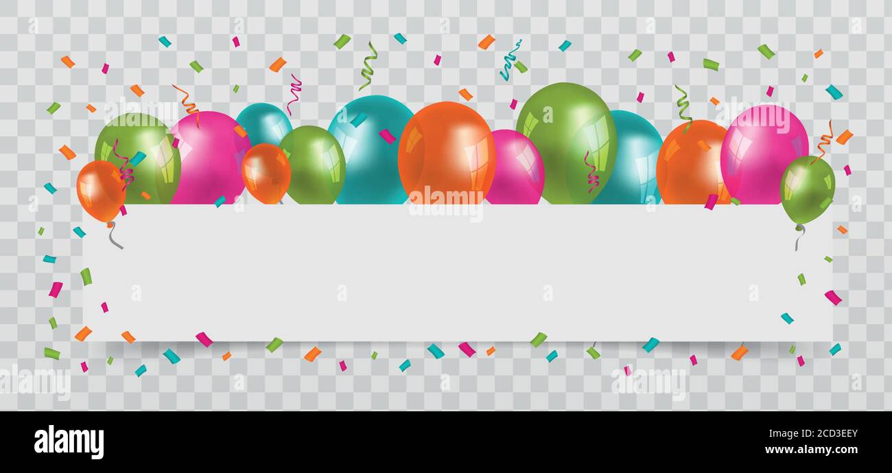 Ballons colorés avec confettis et banderoles blanc espace libre de papier. Arrière-plan transparent. Fête, anniversaire et Carnaval Vector. Illustration de Vecteur Ballons colorés avec confettis et banderoles blanc espace libre de papier. Arrière-plan transparent. Fête, anniversaire et Carnaval Vector. Illustration de Vecteur