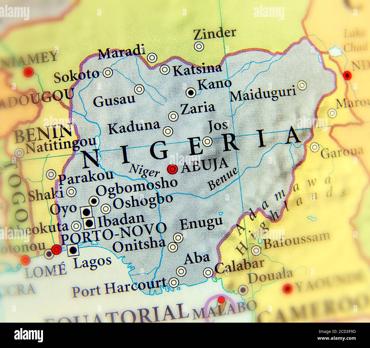 Carte géographique du Nigeria avec des villes importantes Banque D'Images Carte géographique du Nigeria avec des villes importantes Banque D'Images