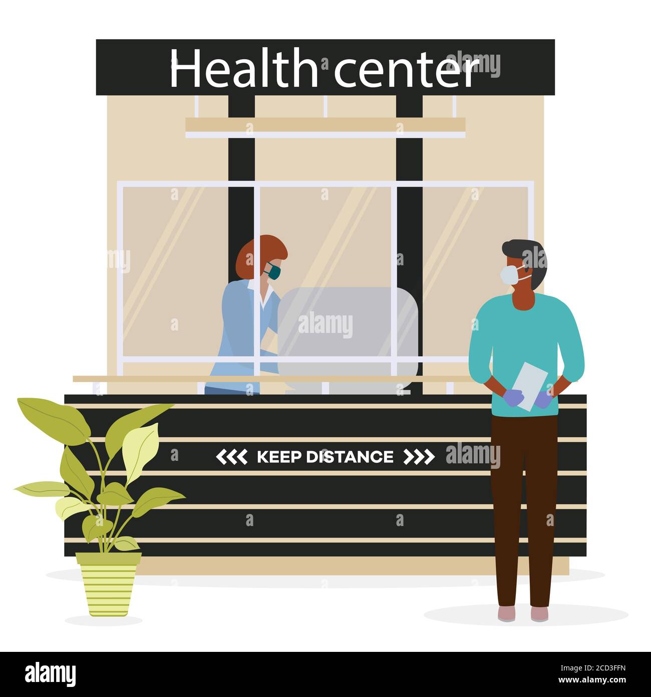 Illustration vectorielle Centre de santé. Salle de réception à la clinique. Réceptionniste dans un masque médical de protection et des gants derrière le lieu de travail en clinique et patient Illustration de Vecteur