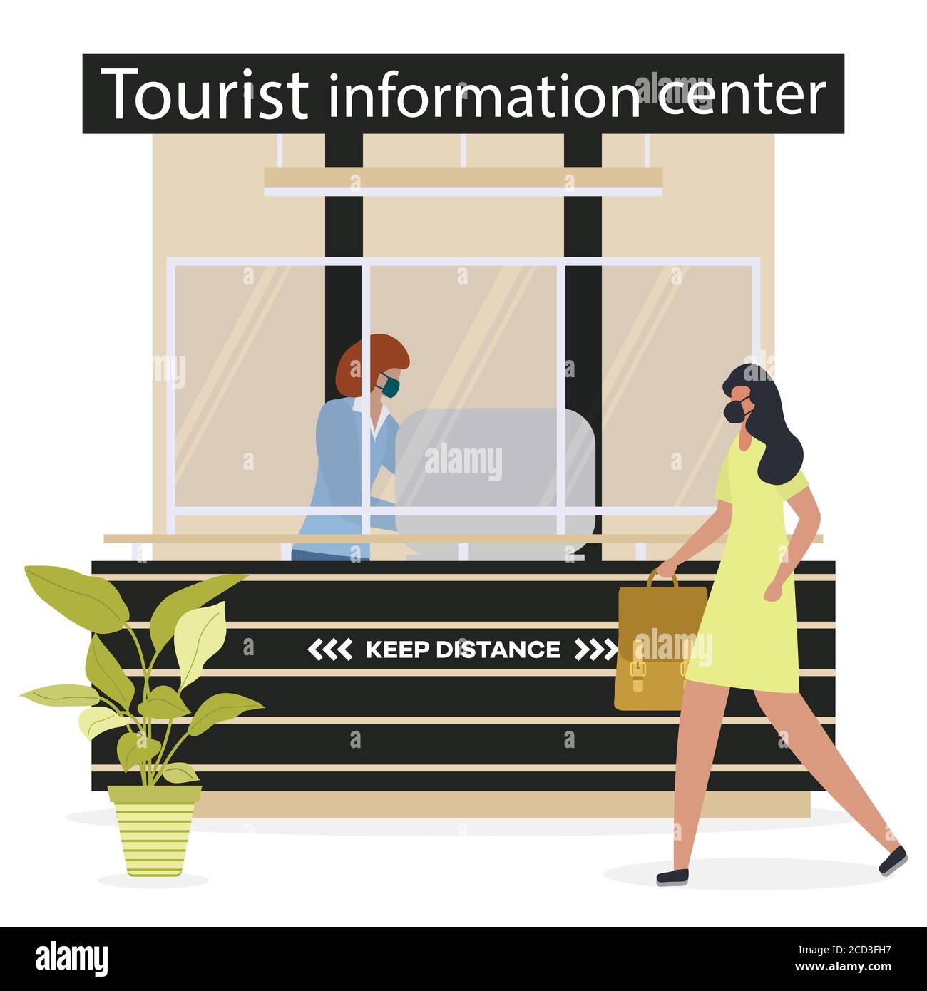 Illustration vectorielle réouverture du centre d'accueil après le spécialiste du coronavirus dans Centre d'information touristique en masque médical de protection et gants de protection Illustration de Vecteur