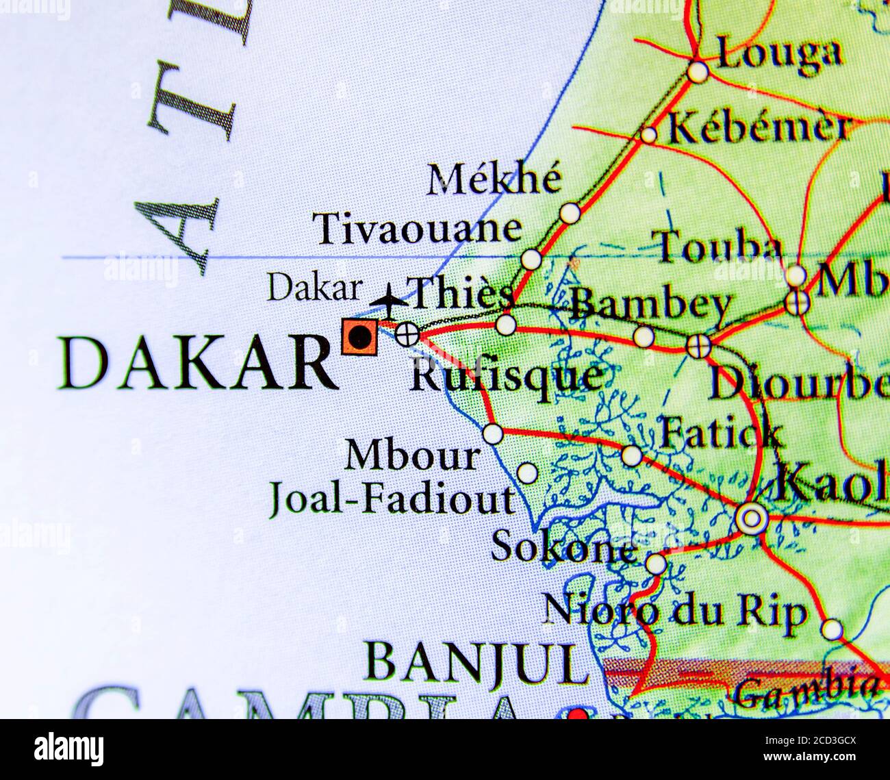 Carte géographique du Sénégal avec la capitale Dakar Banque D'Images