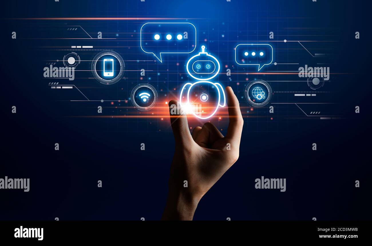 Assistant virtuel. Main touchant l'icône du robot chatbot sur l'écran numérique, design créatif Banque D'Images