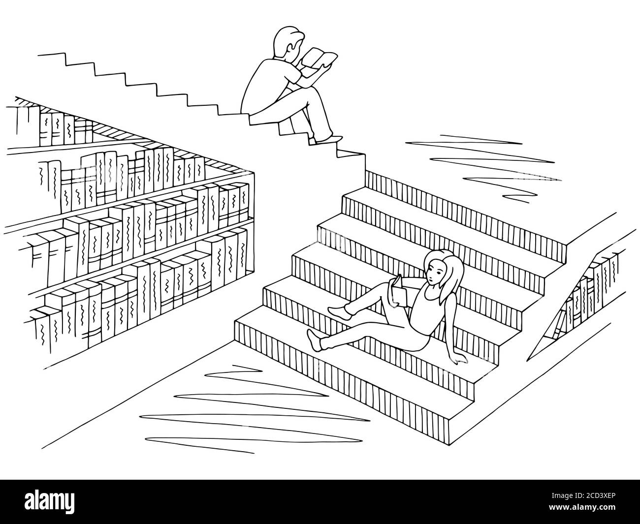 Les enfants lisant des livres assis sur les marches de la bibliothèque vecteur graphique d'illustration d'esquisse noir et blanc Illustration de Vecteur