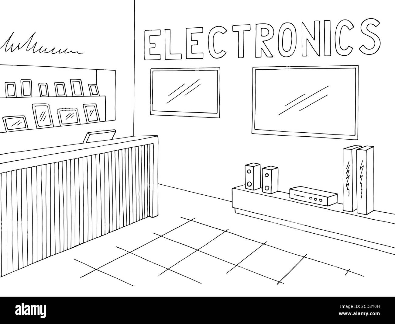 Schéma d'illustration d'esquisse noir blanc de l'intérieur du magasin de l'électronique Illustration de Vecteur
