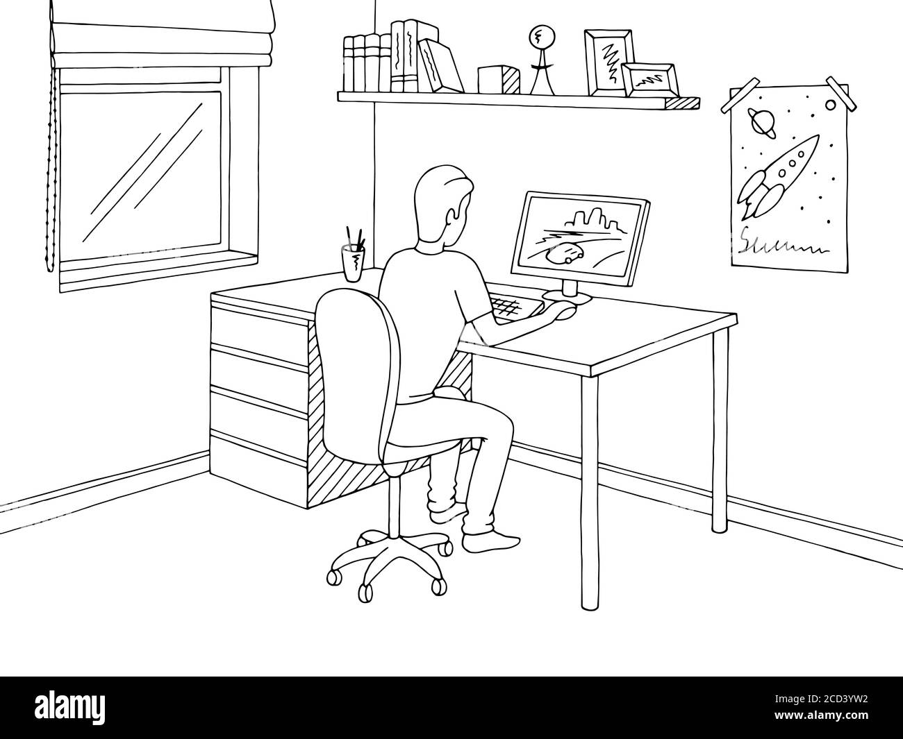 Garçon jouant à un jeu sur ordinateur. Illustration vectorielle d'esquisse intérieure noire blanche dans la chambre des enfants Illustration de Vecteur
