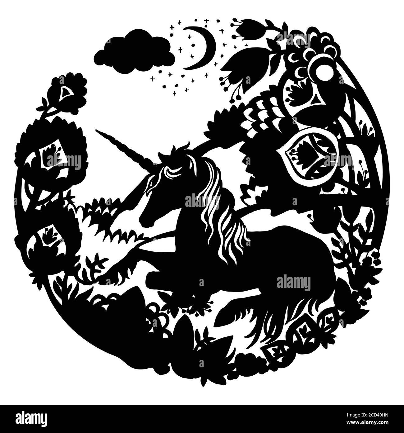 Modèle vectoriel unicorn avec arbres et fleurs en cercle. Illustration de silhouette noire isolée sur fond blanc. Pour impression, autocollants, Illustration de Vecteur