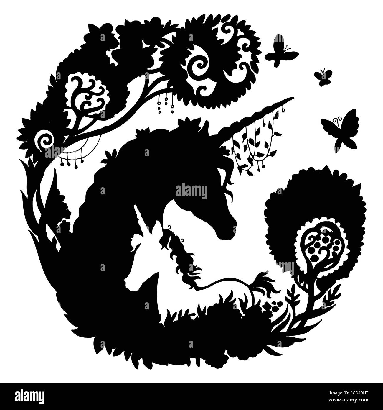 Vecteur magnifique licorne et foal avec arbres et papillon en cercle. Illustration de silhouette noire isolée sur fond blanc. Pour la température Illustration de Vecteur