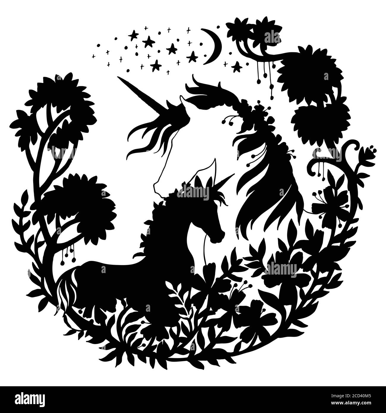 Vector belle licorne et foal avec des arbres et des étoiles dans la composition de cercle. Illustration de silhouette noire isolée sur fond blanc. Pour le modèle Illustration de Vecteur