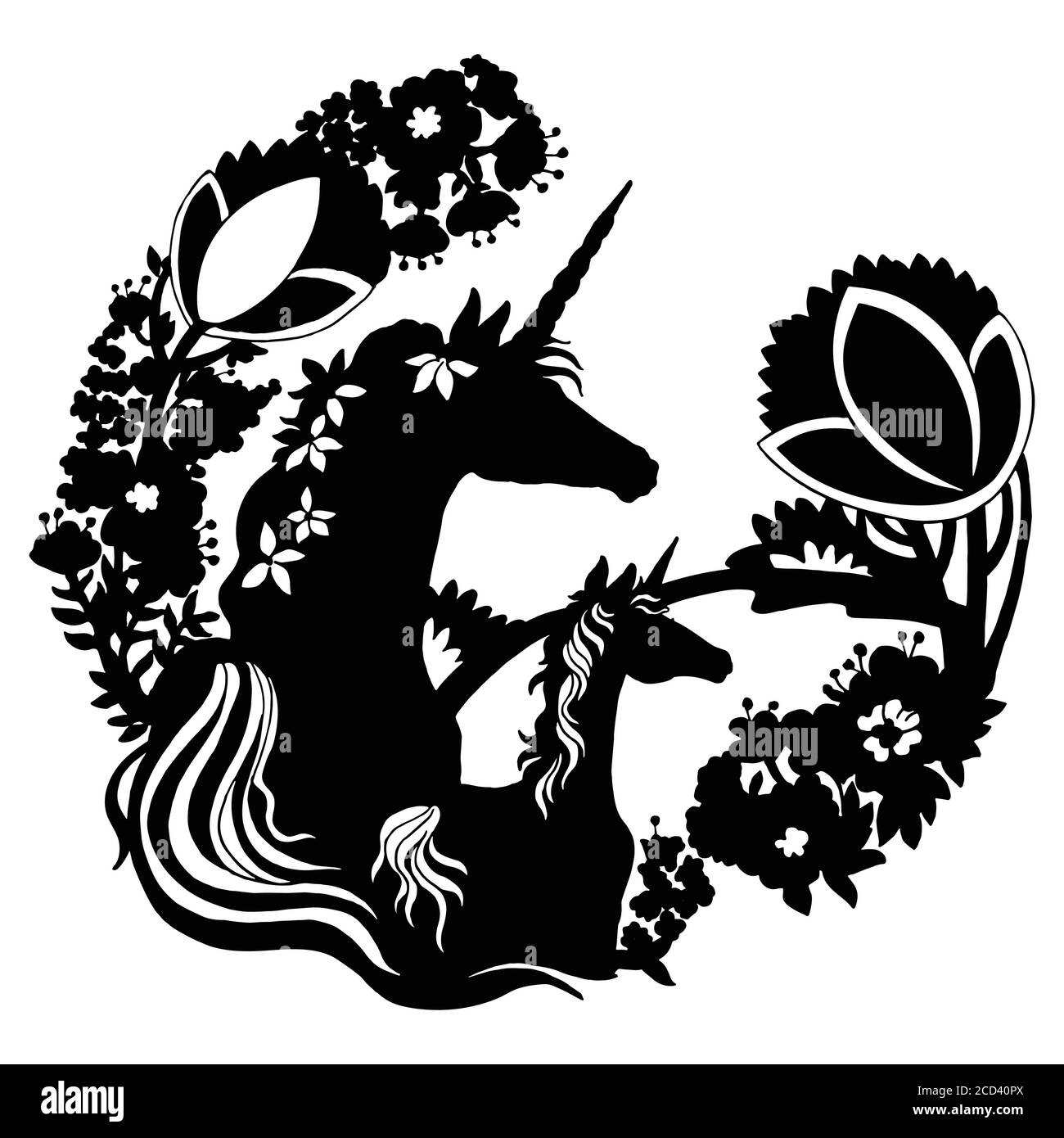 Vector belle licorne et foal avec des arbres et des fleurs dans la composition de cercle.Black silhouette illustration isolée sur fond blanc. Pour templa Illustration de Vecteur