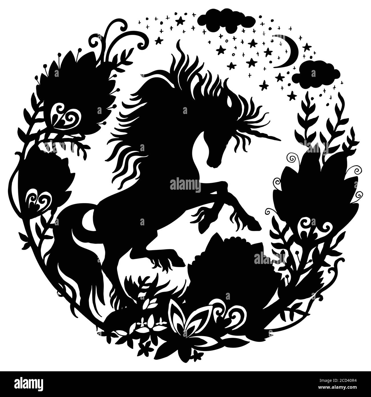 Modèle vectoriel unicorn avec fleurs galaxies et arbres en cercle. Illustration de modèle de silhouette noire isolée sur fond blanc. Pour Illustration de Vecteur