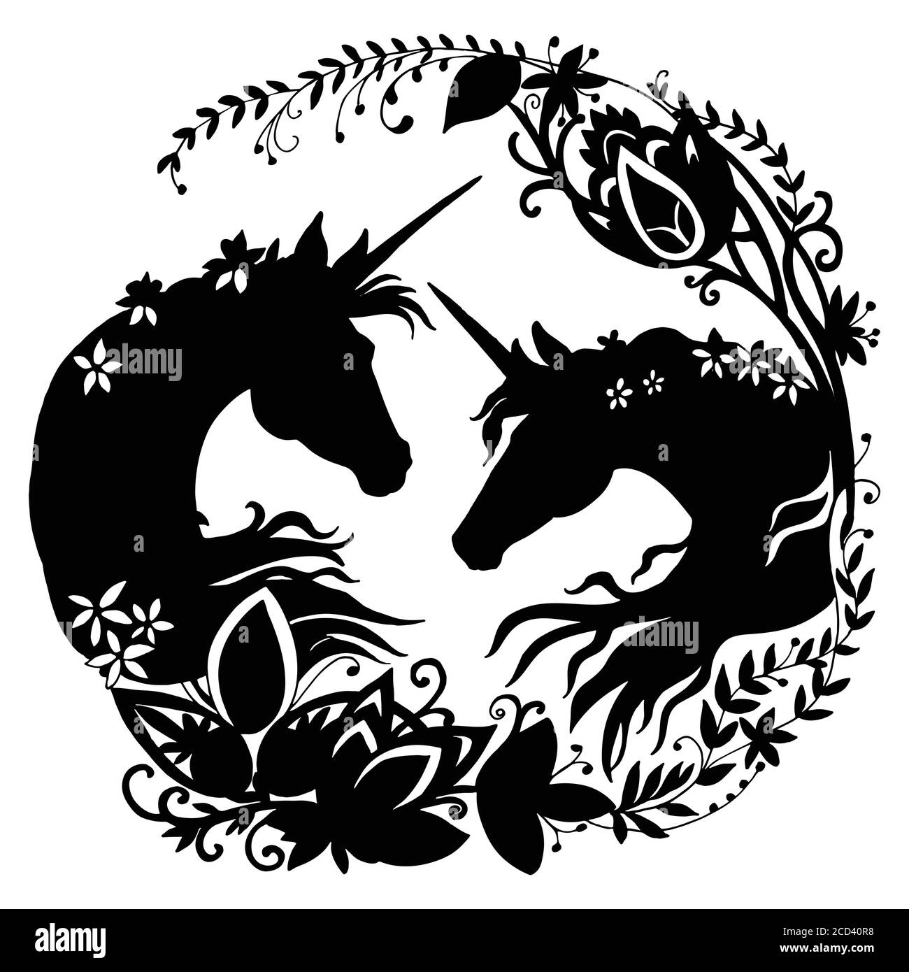 licorne vectoriel avec longue forme de cercle. Illustration de modèle de silhouette noire isolée sur fond blanc. Pour l'impression, les autocollants, le design, Illustration de Vecteur