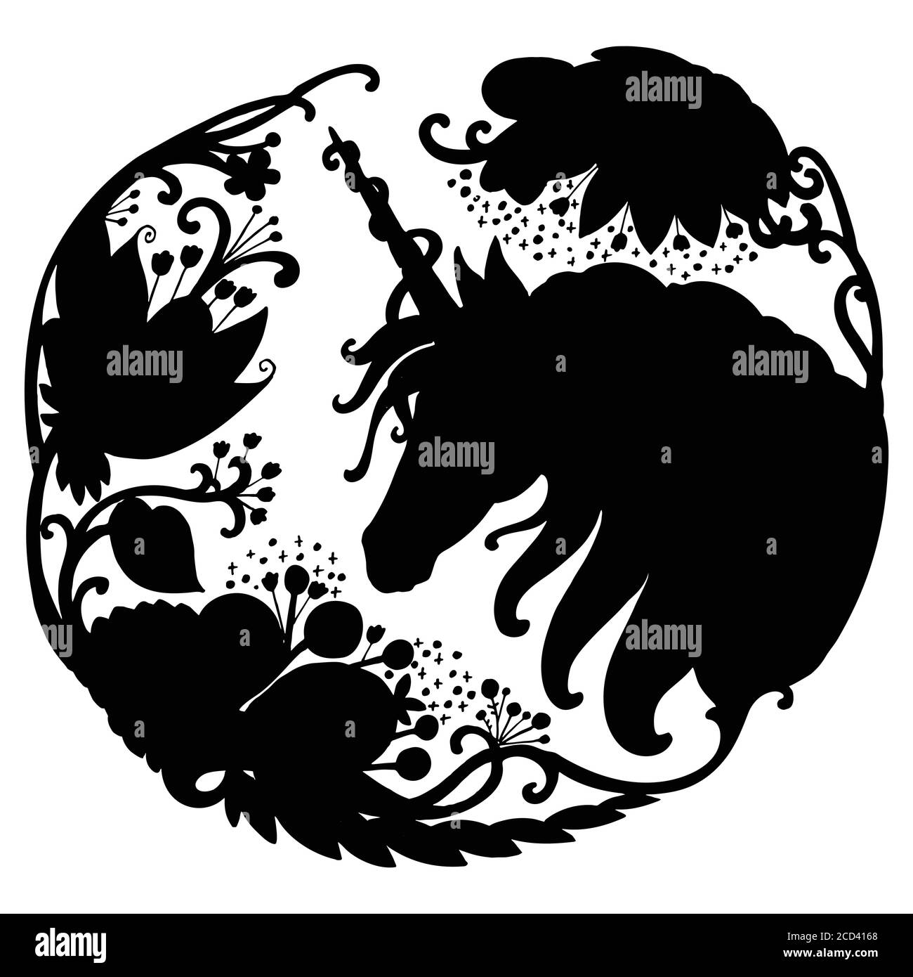 licorne élégante Vector avec longue forme de boucle. Illustration de modèle de silhouette noire isolée sur fond blanc. Pour impression, autocollants, Illustration de Vecteur