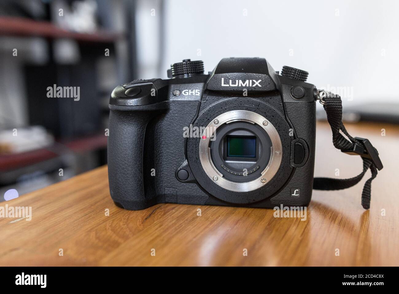 Boîtier Panasonic Lumix GH1 uniquement sur une table en bois. Superbe appareil photo sans miroir qui produit des vidéos C 4K 10 bits tout-intra. Micro quatre troisième capteur. Banque D'Images Boîtier Panasonic Lumix GH1 uniquement sur une table en bois. Superbe appareil photo sans miroir qui produit des vidéos C 4K 10 bits tout-intra. Micro quatre troisième capteur. Banque D'Images