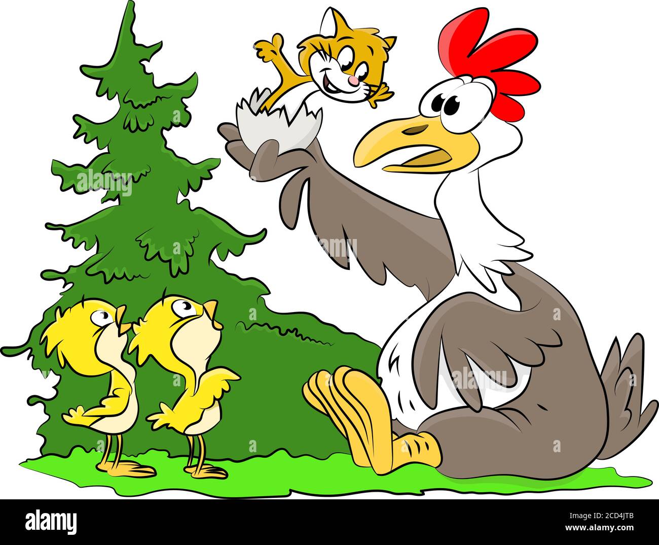 Un poulet de dessin animé surpris de voir un chat venir une de ses illustrations vectorielles d'oeufs Illustration de Vecteur
