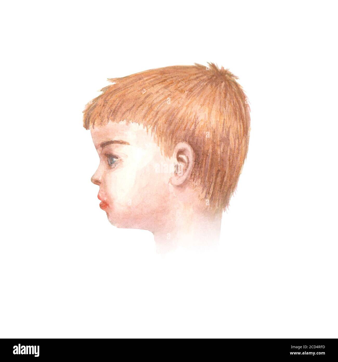 Profil aquarelle de la tête d'un enfant. Illustration aquarelle dessinée à la main. Portrait d'un petit garçon aux cheveux blonds et aux yeux bleus isolés sur le dos blanc Banque D'Images
