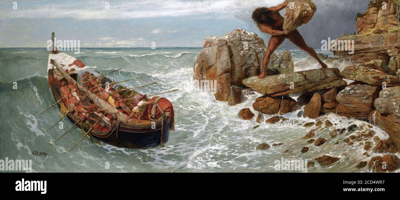 Odysseus et Polyphemus d'Arnold Böcklin (1827-1901), huile et tempera à panneaux, 1896. Le tableau montre les Cyclops, Polyphemus, qui jette des pierres à Odysseus (Ulysses) et son équipage. Banque D'Images