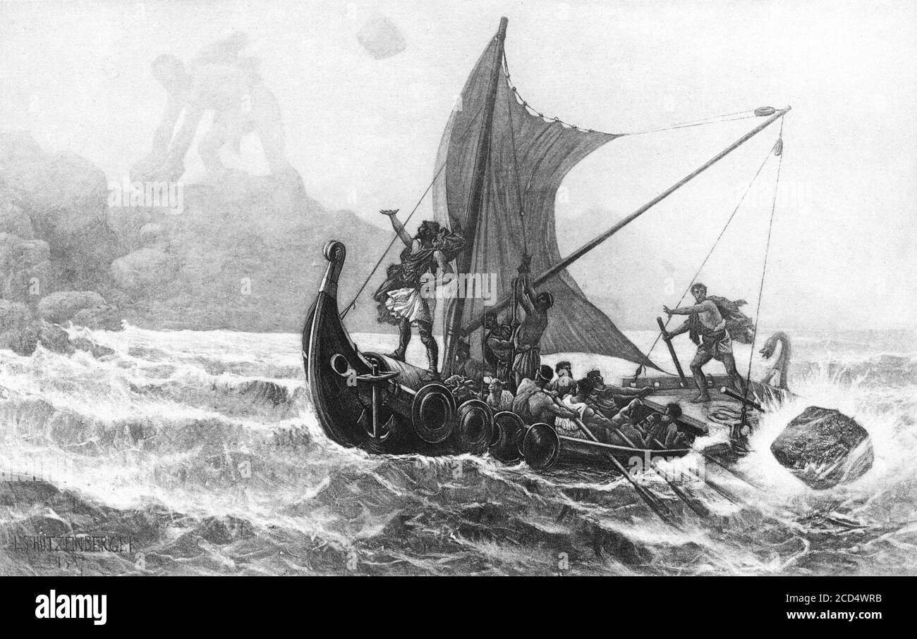 Les Cyclops Polyphemus jette des roches à l'Odysseus en fuite et son équipage par Louis-Frédéric Schützenberger, photogravure, 1887. Le tableau montre les Cyclops, Polyphemus, qui jette des pierres à Odysseus (Ulysses) et son équipage. Banque D'Images