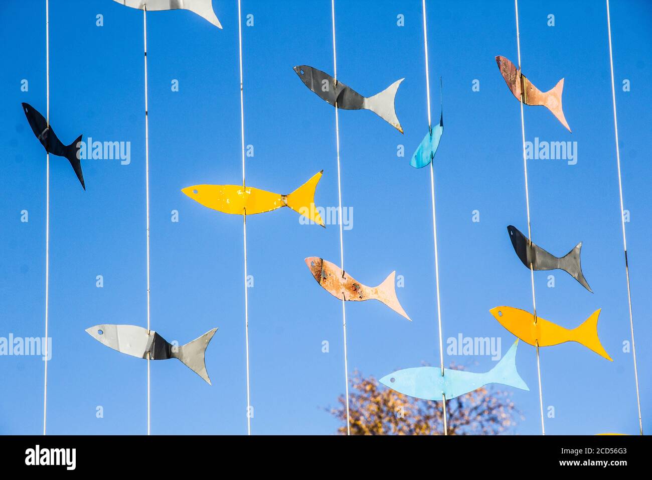 Installation dans le parc de poissons de couleur sur un fil contre le ciel bleu Banque D'Images