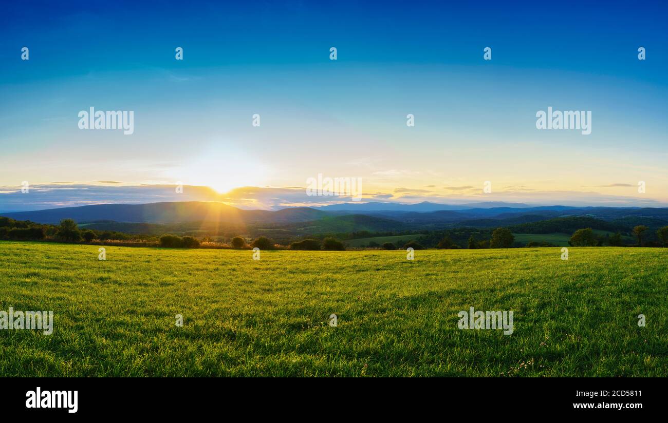 Paysage avec terrain vert au coucher du soleil, Globe Hill, Pine Plains, New York State, Etats-Unis Banque D'Images