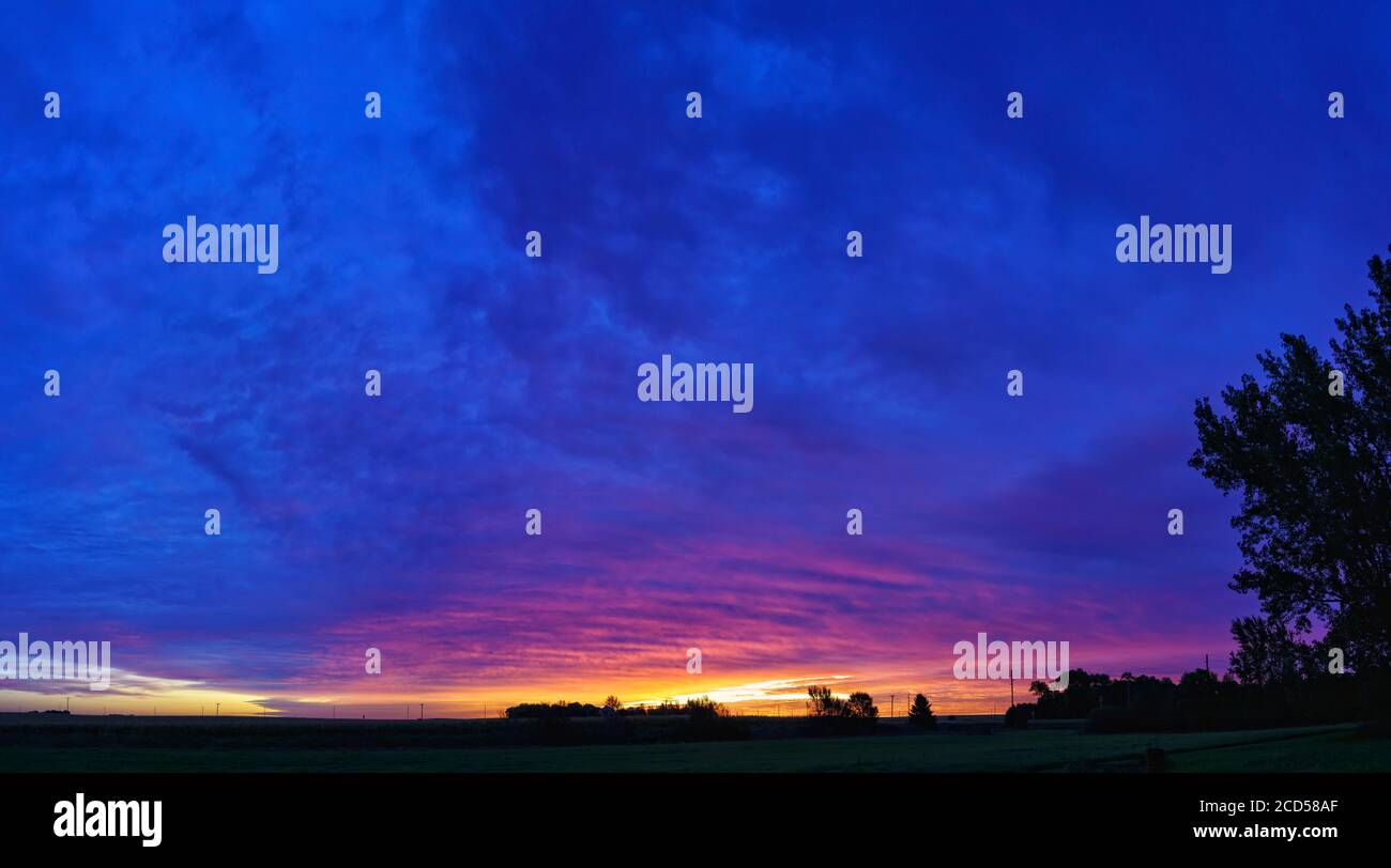 Ciel au lever du soleil au-dessus du champ le long de la Highway 9, Buffalo Center, Iowa, États-Unis Banque D'Images