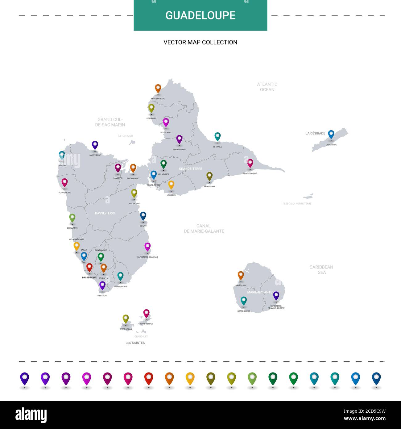 Carte de la Guadeloupe avec repères de position. Modèle vectoriel d'infographie, isolé sur fond blanc. Illustration de Vecteur