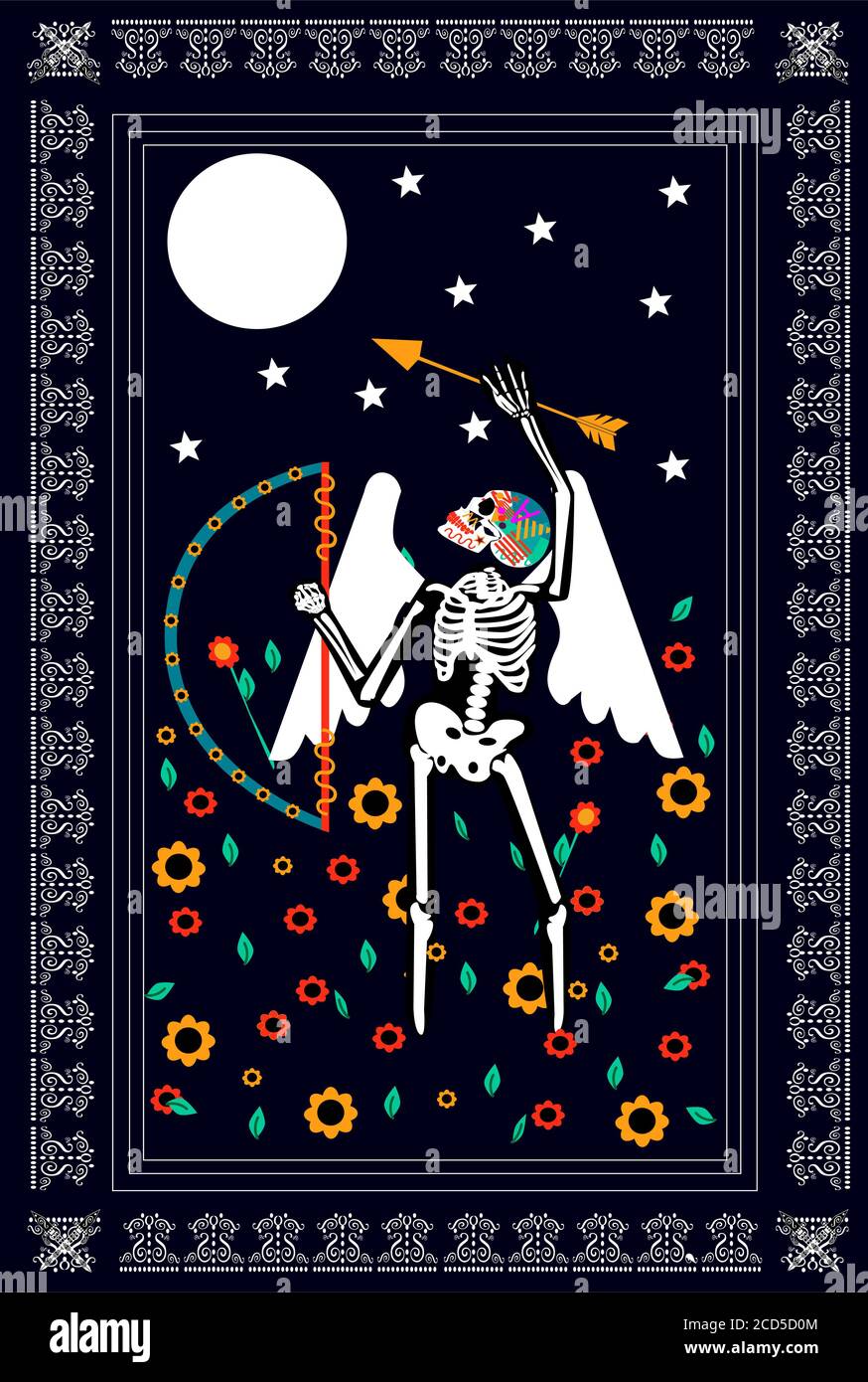 Cupid, Dieu d'amour, crâne avec flèche et fleurs au clair de lune Banque D'Images